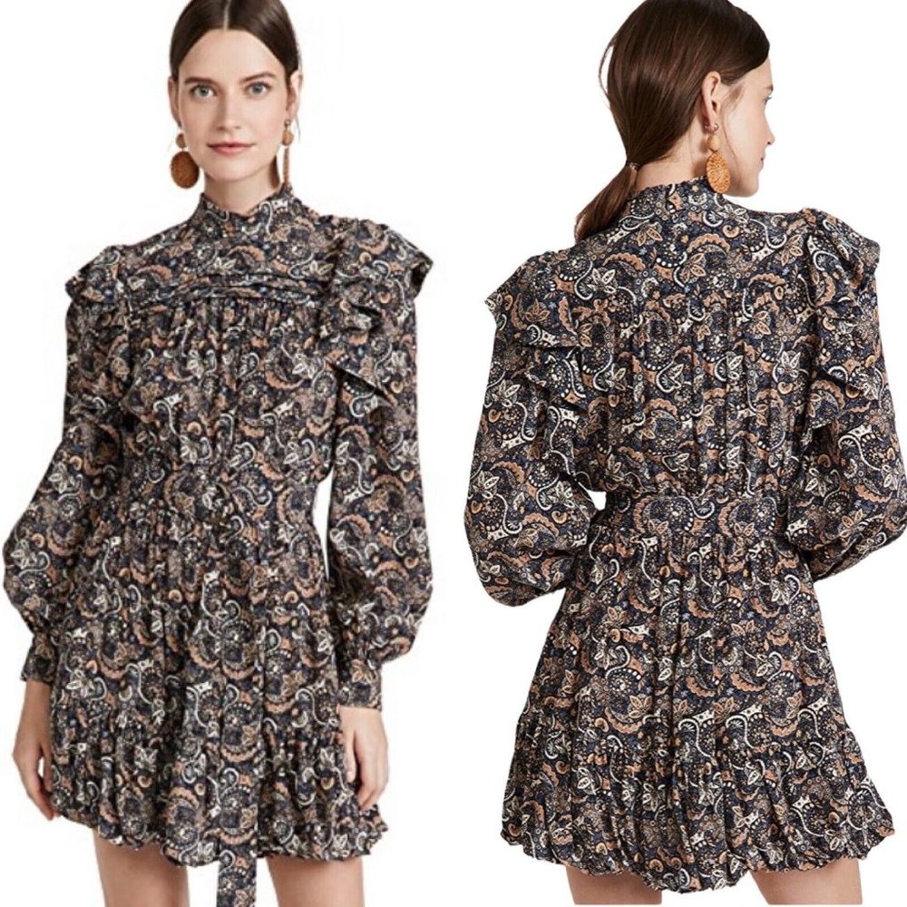 ULLA JOHNSON Luna Belted Ruffled Paisley Silk Mini Dress Size 8